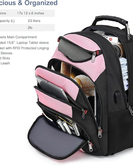 Boavan Laptop Backpack for men, 15.6 inch Laptop Bag with USB Port, Waterproof Travel Work Backpack Purse, Anti-Theft Teacher Nurse Doctor Casual Bookbags Office Business backpack，PinkBlack