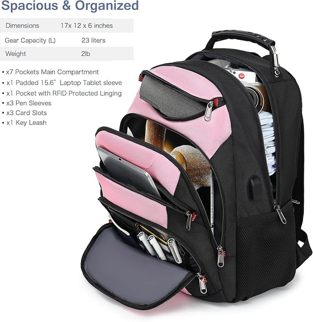 Boavan Laptop Backpack for men, 15.6 inch Laptop Bag with USB Port, Waterproof Travel Work Backpack Purse, Anti-Theft Teacher Nurse Doctor Casual Bookbags Office Business backpack，PinkBlack