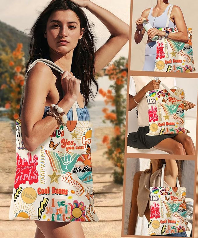 Aesthetic Canvas Tote Bag - Reusable Shoulder Tote Bag for Women Lady Casual Vacation, Shopping, Work, Gym
