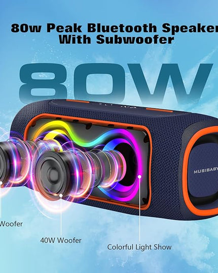 MusiBaby Portable Bluetooth Speakers with Lights, 80W Loud Outdoor Wireless Speaker with Stereo Sound, IPX5 Waterproof, 24H Playtime, BT 5.3, FM, for Home/Travel/Praty Valentines Gifts (Blue)