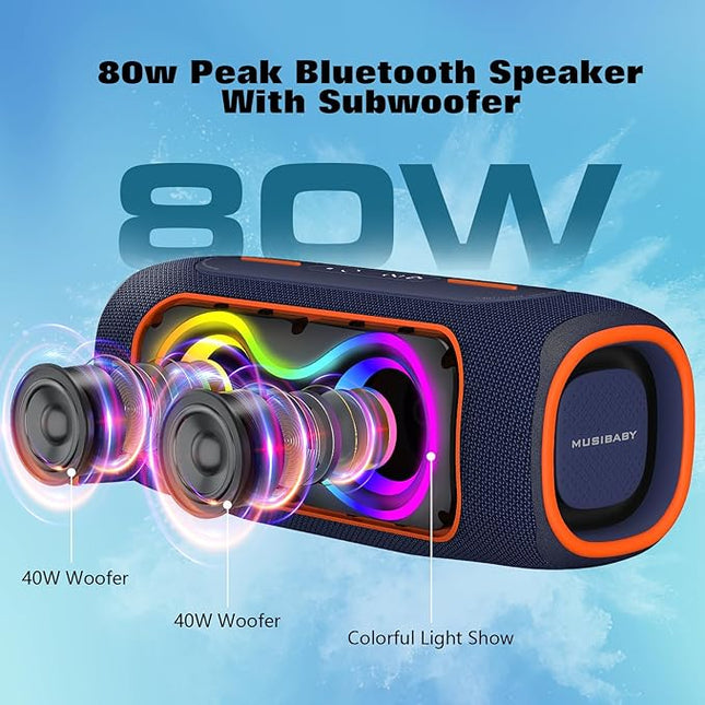 MusiBaby Portable Bluetooth Speakers with Lights, 80W Loud Outdoor Wireless Speaker with Stereo Sound, IPX5 Waterproof, 24H Playtime, BT 5.3, FM, for Home/Travel/Praty Valentines Gifts (Blue)