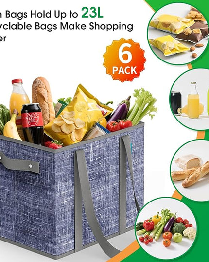 Fab totes Reusable Grocery Bags, Large Foldable Shopping Tote Bags with Reinforced Handles & Hard Bottom, Heavy Duty Water Resistant Shopping Grocery Bags for kitchen,Picnic,6 Pack,Blue
