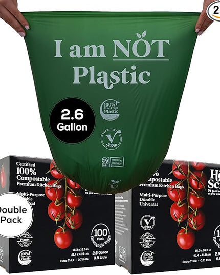 Small Compostable Trash Bags - 2.6 Gallon, 200 Pack, 100% Plastic-Free Decomposing Kitchen Food Waste Trash Can Bags & Liners, Thick Countertop Garbage, Bathroom & Bio Bin Bags