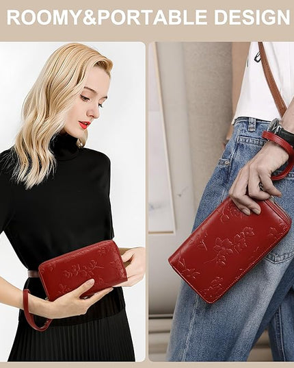 yiijay Womens Wallet RFID Blocking Large Capacity Leather Double Zip Wristlet Wallet Credit Card Phone Holder Ladies Clutch Purse Flora