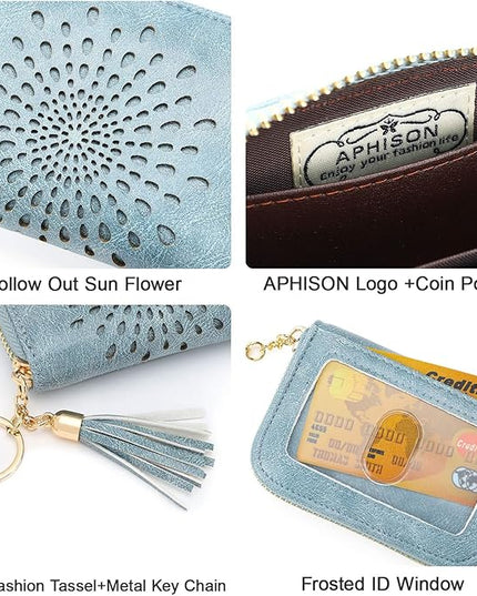 APHISON RFID Credit Card Holder Zipper Card Case Keychain Small Wallet for Women 1927 BLUE