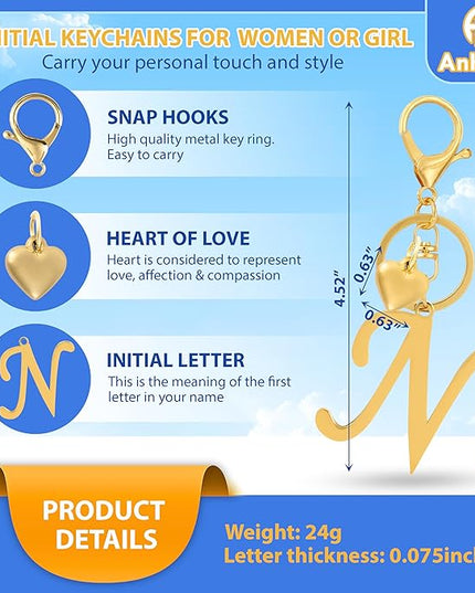 A-Z Heart Initial Letter Keychain, Stainless Steel Alphabet Charm for Handbags, Gift for Women and Girls