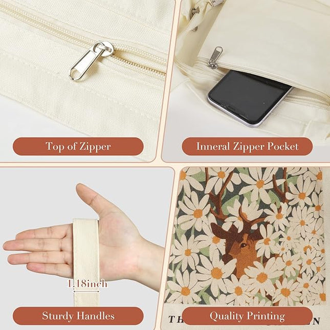BROADREAM Aesthetic Canvas Tote Bag for Women, Vintage Reusable Book Tote Bag with Inner Zipper Pocket