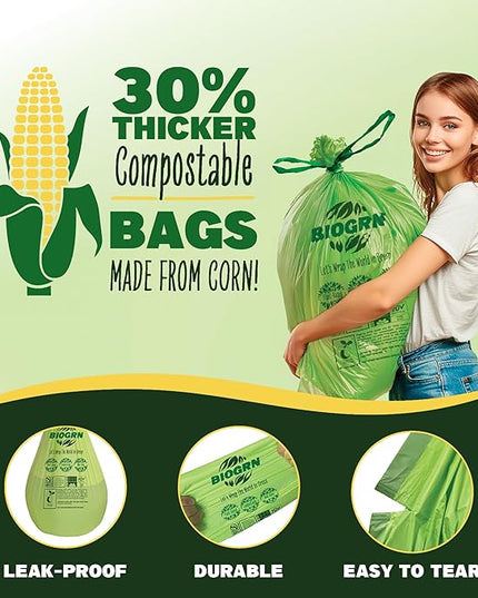 10-13 Gallon Compostable Trash Bags Drawstring 30 Bags Heavy Duty Extra Thick 1 Mil 49.21 Liter Biodegradable Trash Bags Compost Bags Green for Kitchen ASTM D6400 US BPI and OK Compost Home Certified