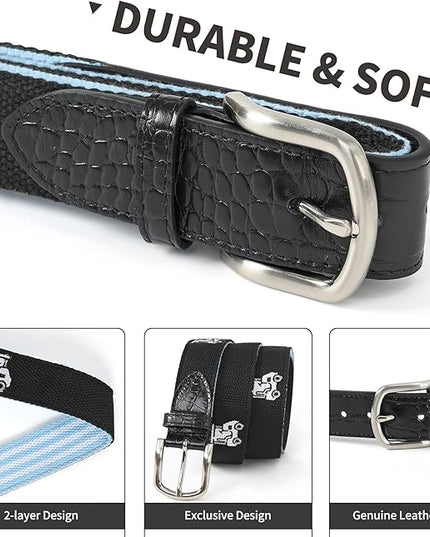 Mile High Life Golf Belts for Men, Canvas Belt with Genuine Leather Tips, Embroidered 2 Layer Web Belt with Pin Buckle
