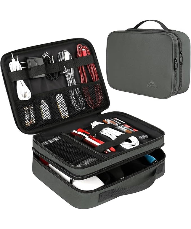 MATEIN Electronics Organizer Travel Case, Large Cable Storage Bag, Water Resistant Carrying Case with Handle, Tech Organizer for Tablet (Up to 12.9inch), USB Charger, Clipper, Grey