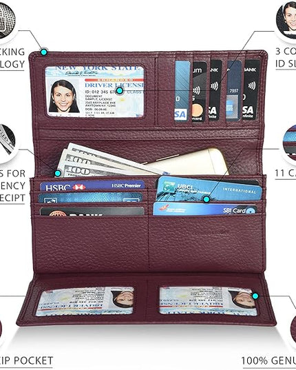 Real Leather Women Wallet Leather with RFID Blocking -Trifold Card Holder Designer Ladies Clutch with ID Window Wallets