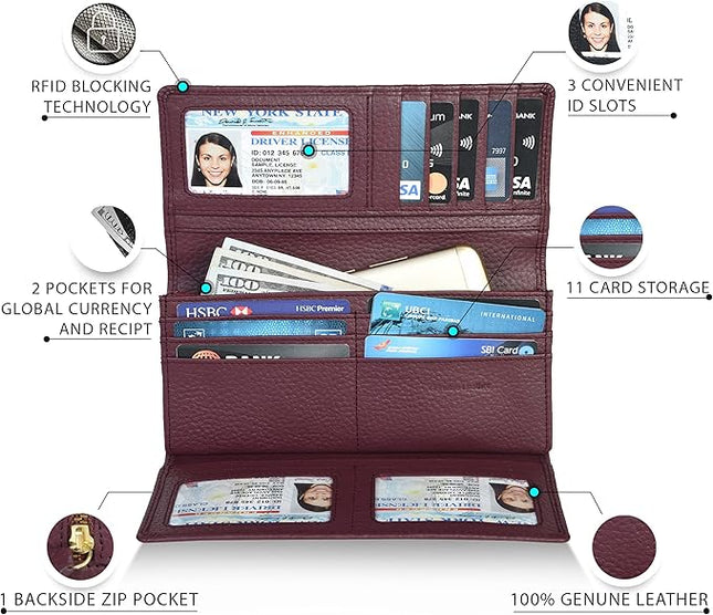 Real Leather Women Wallet Leather with RFID Blocking -Trifold Card Holder Designer Ladies Clutch with ID Window Wallets