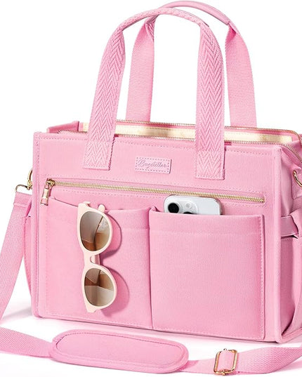 Canvas Tote Bag for Women, 15-Pockets Work Laptop Tote Purse Large Crossbody Nurse Teacher Bible Bag for School Travel Daily | with Strap & Zipper, Multi Compartment, Stand Upright Stably, College Shoulder Bag, Clinical Nursing Bag, Ideal Gift for Women