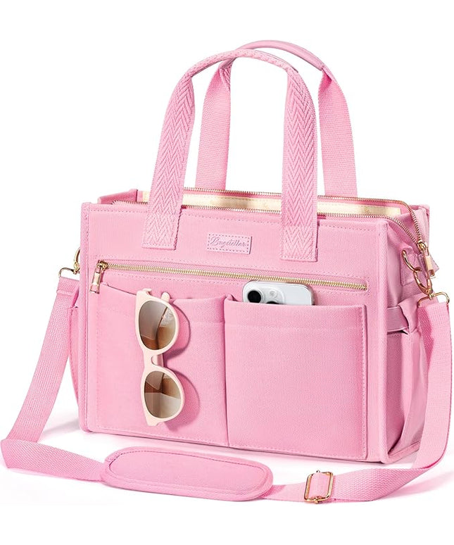 Canvas Tote Bag for Women, 15-Pockets Work Laptop Tote Purse Large Crossbody Nurse Teacher Bible Bag for School Travel Daily | with Strap & Zipper, Multi Compartment, Stand Upright Stably, College Shoulder Bag, Clinical Nursing Bag, Ideal Gift for Women