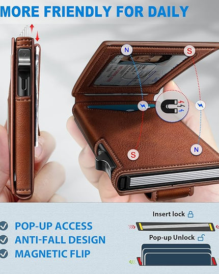 miyozi Airtag Wallet for Men Money Clip 9-Card Pop-Up Credit Card Holder with ID Window RFID Blocking Metal Case Magnetic Closure Front Pocket Wallet Gift Box
