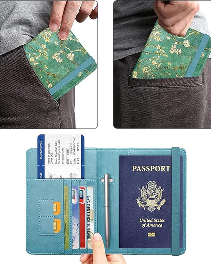 ACdream Passport Holder Cover, Leather Travel Wallet Case, RFID Blocking Document Organizer Protecrtor, with Slots for Credit Cards, Boarding Pass, for Women and Men, Blossom