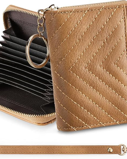 BOSTANTEN Credit Card Holder Wallet RFID Blocking Leather Small Wallet for Women Zipper Keychain Wallet with Wristlet Camel