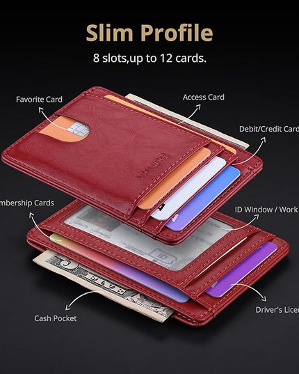 Buffway Slim Minimalist Front Pocket RFID Blocking Leather Wallets for Men and Women - Alaska Cherry