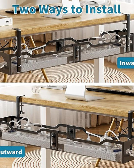 Under Desk Cable Management Tray 32'', Cable Management Under Desk No Drill, Cable Organizer with Clamp for Wire Management, Cord Organizer for Office, Home - No Damage to Table (Black)