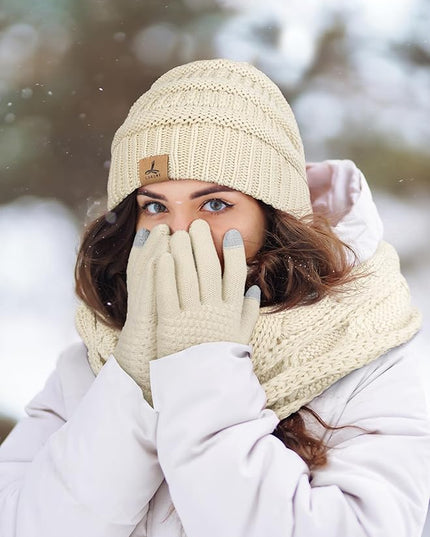 Winter Beanie Hat Scarf Gloves, Warm Fleece Knit Hats Touch Screen Gloves Neck Scarf Set Winter Gifts for Unisex Adult