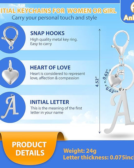 A-Z Heart Initial Letter Keychain, Stainless Steel Alphabet Charm for Handbags, Gift for Women and Girls