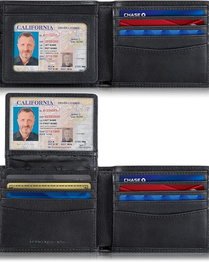 SERMAN BRANDS 2 ID Window Wallet for Men RFID Blocking Leather, Bifold Top Flip, Extra Capacity Travel Wallet
