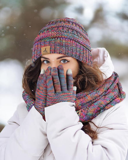 Winter Beanie Hat Scarf Gloves, Warm Fleece Knit Hats Touch Screen Gloves Neck Scarf Set Winter Gifts for Unisex Adult