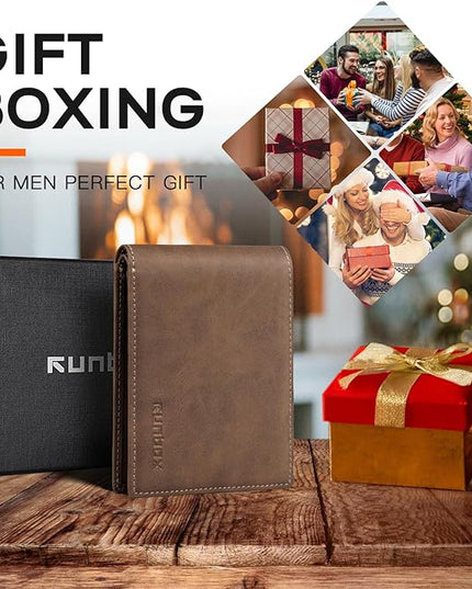 RUNBOX Wallet for Men Slim Leather Bifold RFID Blocking Minimalist Front Pocket Design with Gift Box