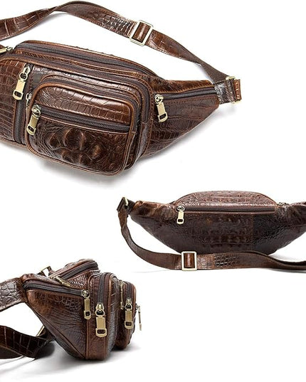 Genuine Leather Fanny Pack large capacity Crossbody Waist Bag with Zipper phone Pockets crocodile coffee