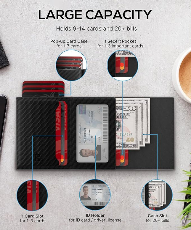 Mens Wallet Card Holder - Smart Wallet for Men, Pop Up Card Case, Top Grain Leather, RFID Blocking, Slim, Minimalist, Ultra-Thin, Front Pocket, 12 Card Capacity | ID Window | Cash Slot (Carbon Fiber)