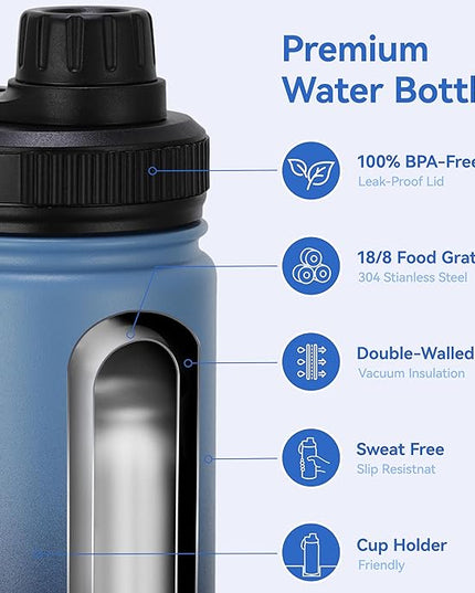 DOMICARE 16 oz Kids Water Bottle for School Stainless Steel Double Wall Vacuum Insulated Water Bottle with Straw lids & Spout Lid, Leakproof BPA Free (Blue/Navy,1)