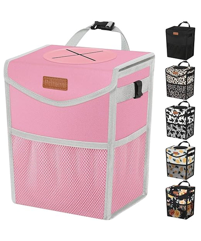 Car Trash Can with Lid, Cute Leakproof Car Trash Garbage Bag Hanging Vehicle Trash Bin Small Portable Automotive Garbage Cans Organizer for Back/Front Seat/Console(2.8 gal,Pink