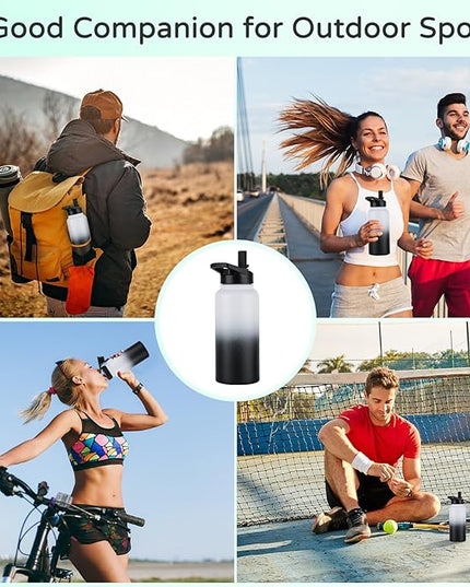 DOMICARE 32 oz Insulated Water Bottle, Vacuum Insulated Stainless Steel Sports Water Bottle with Straw Lid & Spout Lid, Leakproof, Reusable - Travel, Camping, Bike, Black White Gradient