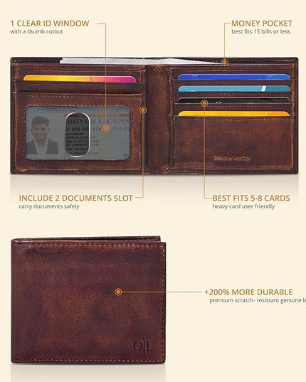 Oak Leathers Slim Leather Wallet for Men - RFID Blocking Slim Minimalist Front Pocket - Thin & Stylish with ID Window, Gift For Men (Vintage Brown)