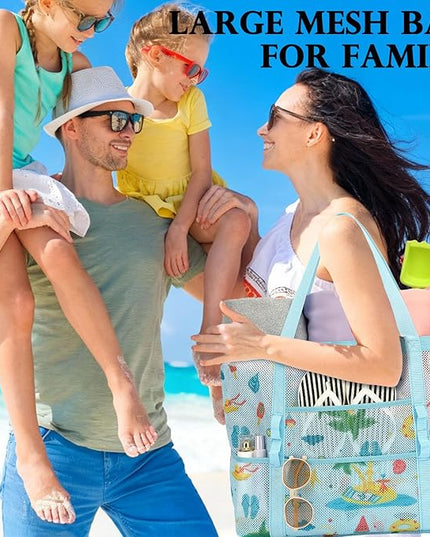Mesh Beach Bag, Large Beach Tote with Zipper Pocket, Toys Pool Bag for Family Travel Vacation Cruise Essentials