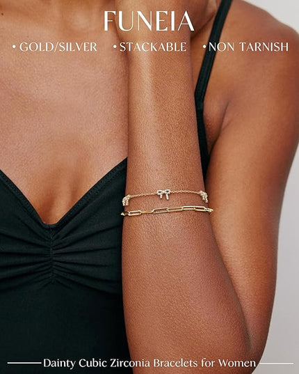 FUNEIA Dainty Silver Gold Bracelets for Women Trendy Non Tarnish 14K Gold Plated Waterproof Diamond Bracelets Cute Stackable Heart Butterfly Clover Cross Evil Eye Charm Bracelet Stack Jewelry Gifts