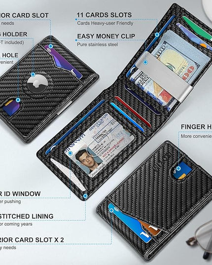miyozi Airtag Wallet for Men,with Money Clip 11 Cards Slim Front Pocket Leather RFID Blocking Wallet with Gift Box