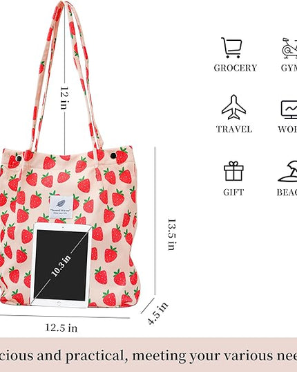 Corduroy Tote Bag Cute Tote Bags for Women Shoulder Bag with Inner Pocket for Work Beach Travel and Shopping Grocery