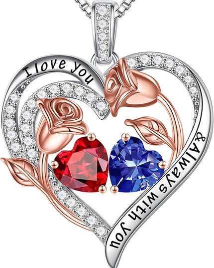 Iefil Christmas Gifts for Women Wife - 925 Sterling Silver Rose Heart Birthstone Necklace Birthday Anniversary Jewelry Gifts for Her Wife Mom Daughter