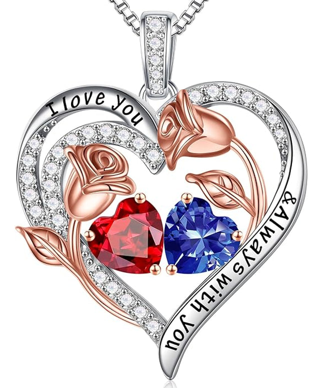 Iefil Christmas Gifts for Women Wife - 925 Sterling Silver Rose Heart Birthstone Necklace Birthday Anniversary Jewelry Gifts for Her Wife Mom Daughter