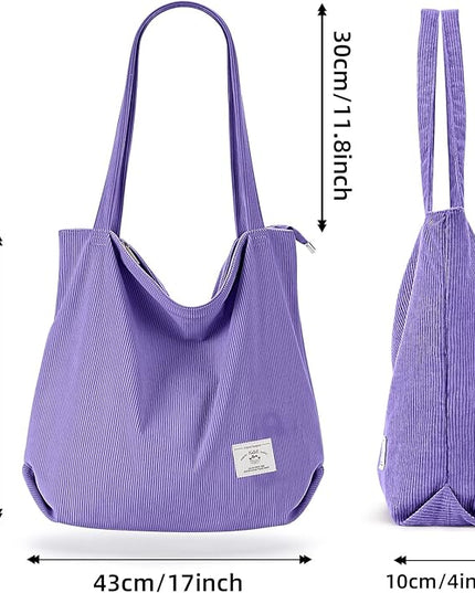 KALIDI Women Corduroy Tote Bag Zipper Casual Tote's Handbag Big Capacity Shoulder Bag with Pockets