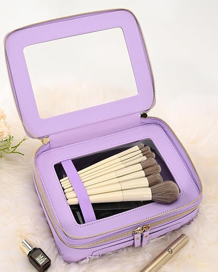 Aveniee Clear Makeup Bags, Double Layer Cosmetic Bags with a Separate Brush Compartment, Large Travel Toiletry Bag Train Case for Women, Travel Accessories Organizer.2 Layers Large, Lilac