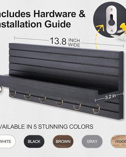 Lwenki Decorative Key Holder for Wall with Shelf, Entryway Shelf with Hooks Holds Leashes, Jackets and Glasses – Sturdy Wood Keyholder Entrance Hanger with Mounting Hardware (Black, Large)