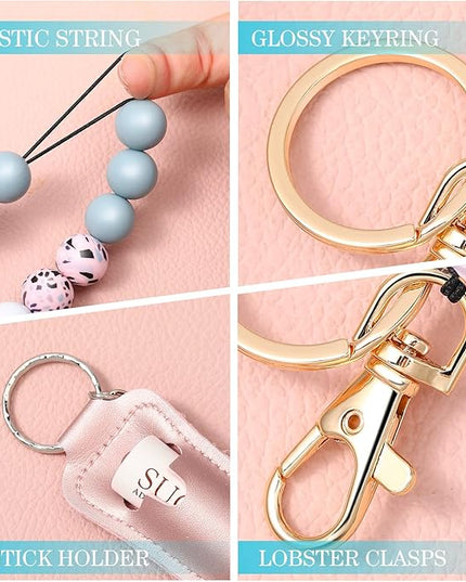 Weewooday Wristlet Bracelet Keychain Wallet Gift for Women Christmas Small Silicone Beaded Keyring Purse Leather Card Holder(Pink)