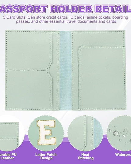 PATIKIL Passport Holder for Travel, Initial Passport Cover and Luggage Tag Set with Alphabet Chenille Letter Patch Travel Wallet Bag Suitcase Identifier for Women Family Travel Green E