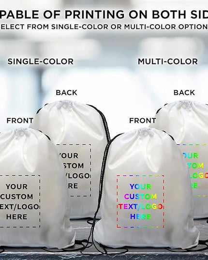 DISCOUNT PROMOS Custom Classic Polyester Drawstring Bagpack Set of 10/50/100, Personalized Bulk Pack - Great for Travelling, Gym and for Everyday Use - White