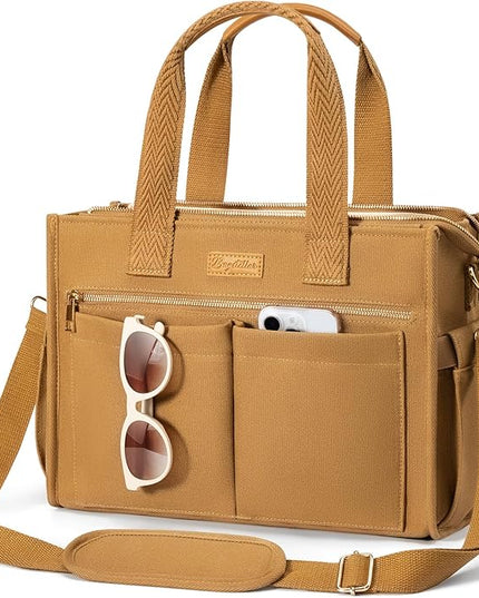 Canvas Tote Bag for Women, 15-Pockets Work Laptop Tote Purse Large Crossbody Nurse Teacher Bible Bag for School Travel Daily | with Strap & Zipper, Multi Compartment, Stand Upright Stably, College Shoulder Bag, Clinical Nursing Bag, Ideal Gift for Women
