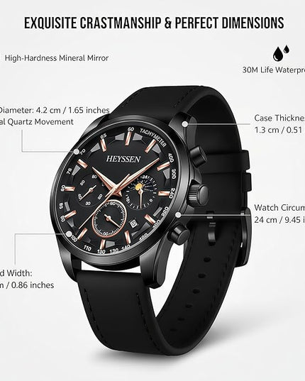 Watches for Men Chronograph Analog Luminous Quartz Watch Blue Black Luxury Genuine Leather Mens Watches Business Sports Waterproof Wristwatch Elegant Gift for Him