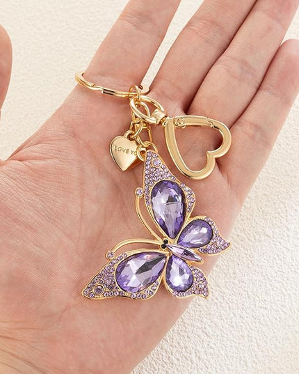 XGALBLA Cute Bling Crystals Rhinestone Butterfly KeyChain with Heart Pendant, Lovely Bag Charms for Handbags Purse Accessory