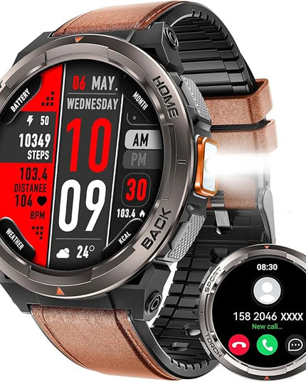 KE5 Military Smart Watch for Men with Flashlight SOS 3ATM Waterproof Watch 530mAh Big Battery 1.45" Rugged Tactical Smartwatch with Compass Elevation Barometer Fitness Watch for iPhone (Brown+OLight)